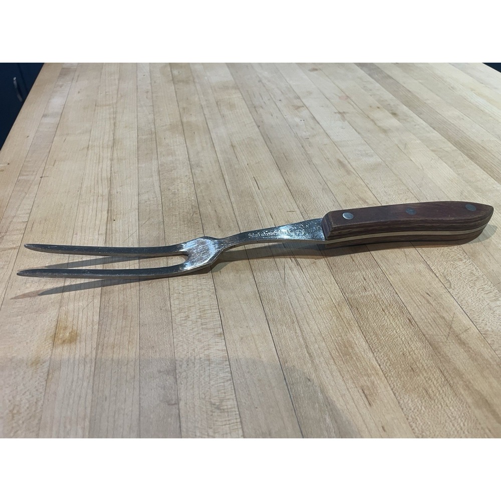 2 Prong Tine Granny Fork  Meat Serving Stainless w/Wood Handle  Japan 8" Vintage
